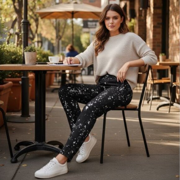 Jeans Two by Vince Camuto Femme T28/6 Noir Taches Peinture Blanc Skinny T. Haute - Picture 1 of 9